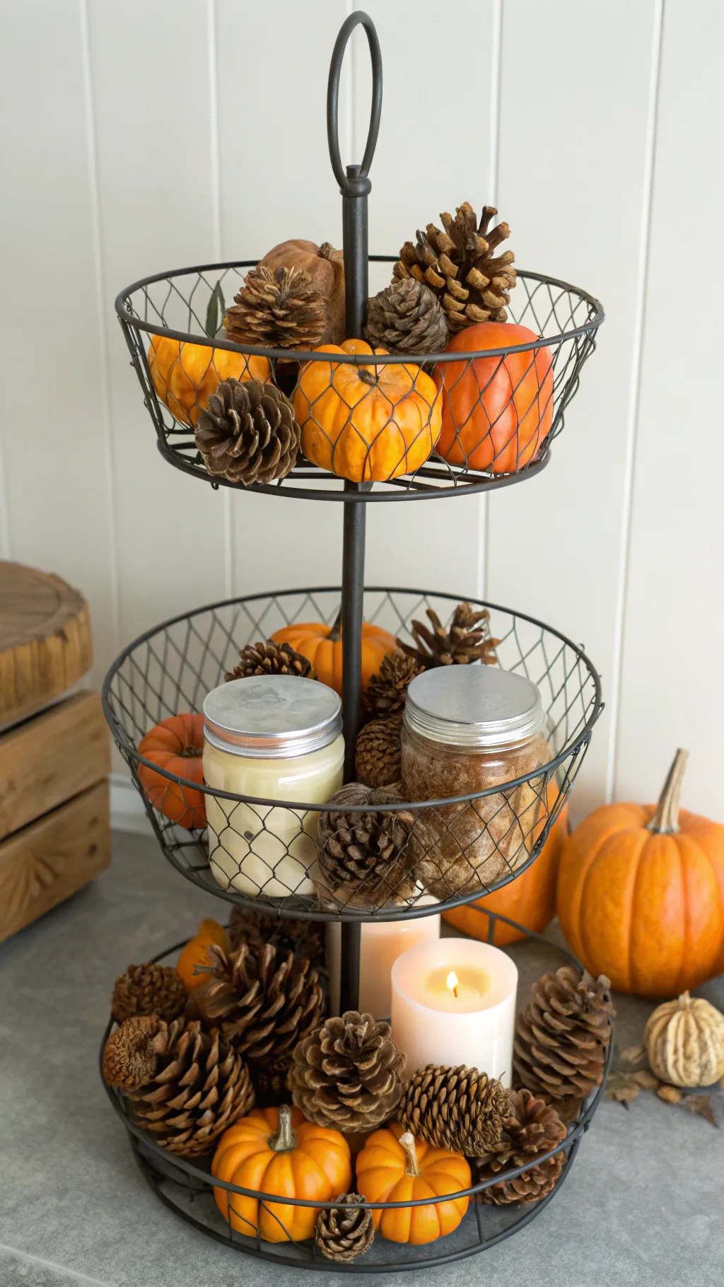 Wire-tiered basket filled with pinecones, small pumpkins, and candle jars on a rustic porch.