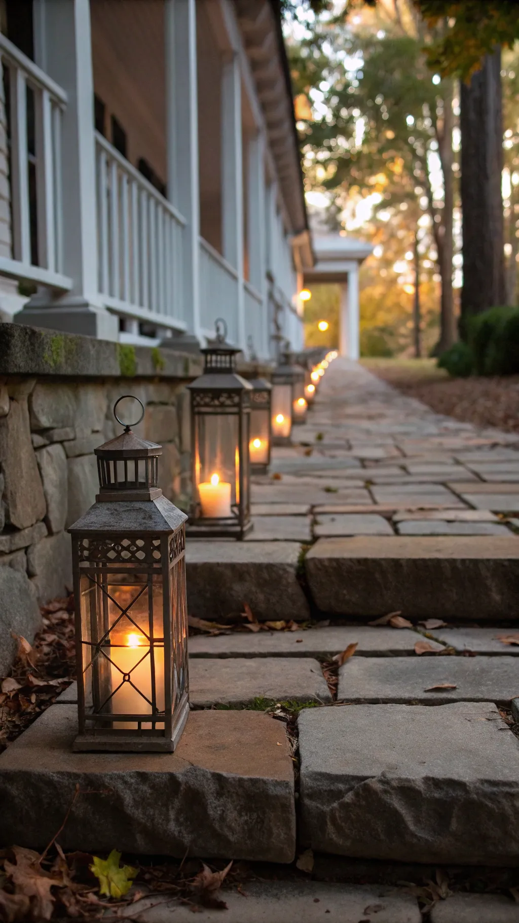 Metal lanterns with glowing candles line a stone walkway leading to a warmly lit porch at dusk.