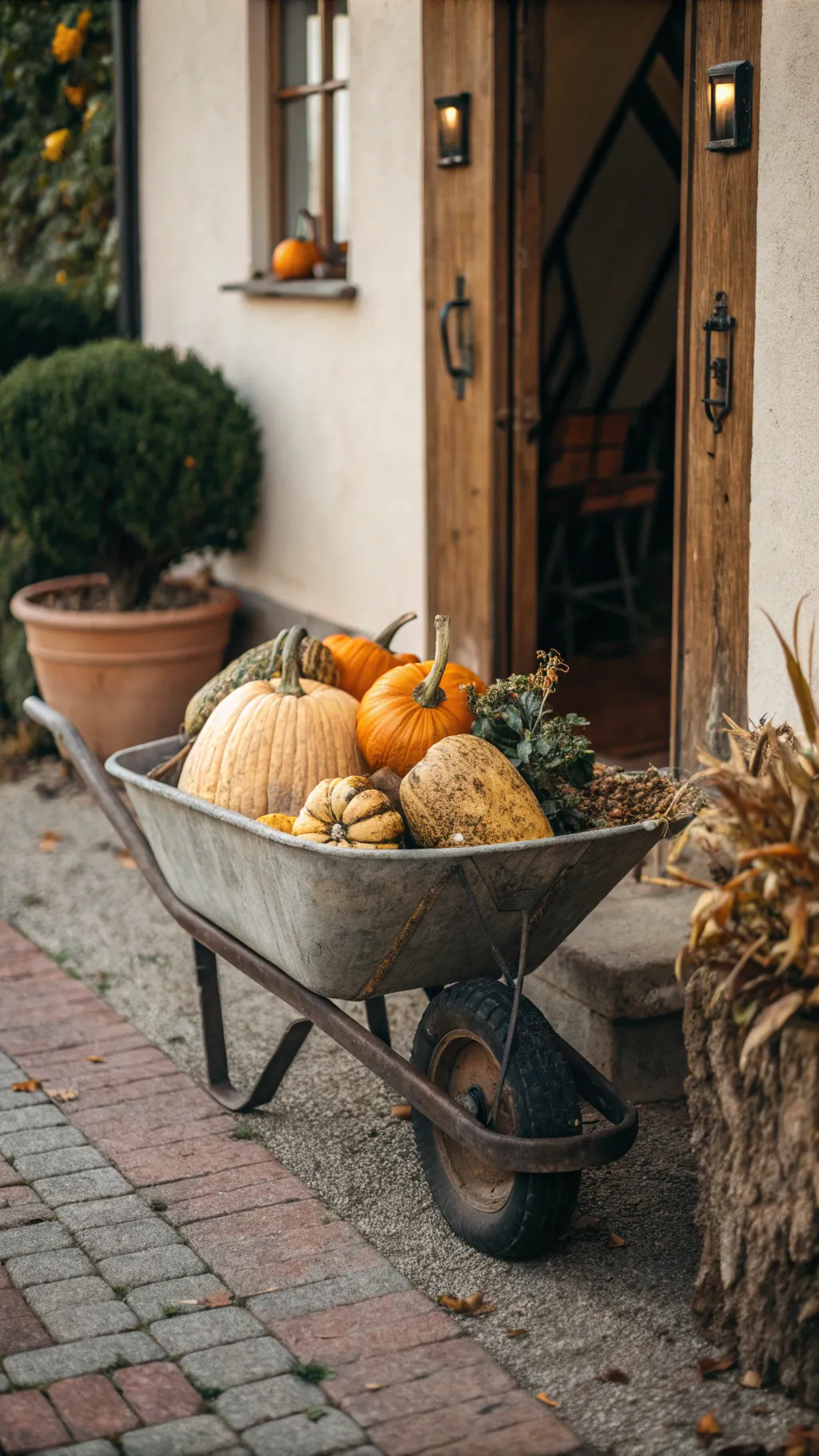 Old wooden wheelbarrow filled with pumpkins, squash, and dried corn angled toward a porch decorated for fall.