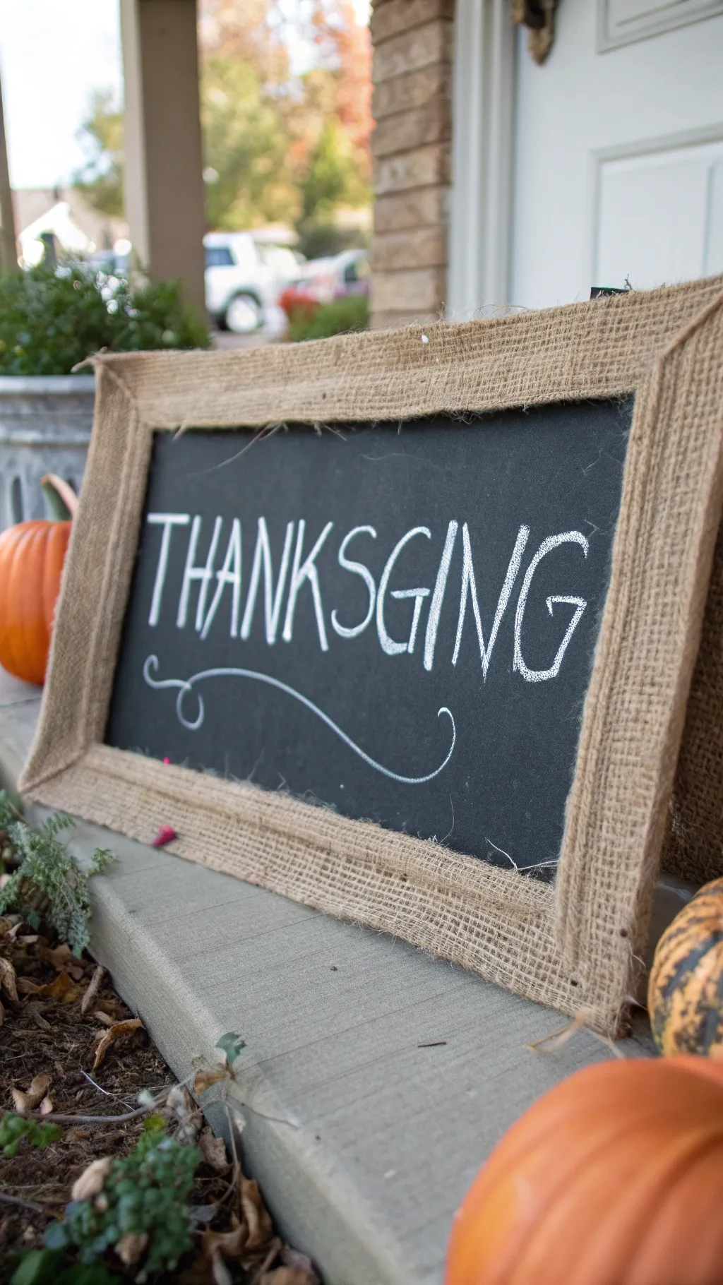 Chalkboard framed in burlap fabric with a simple Thanksgiving message on a rustic porch.
