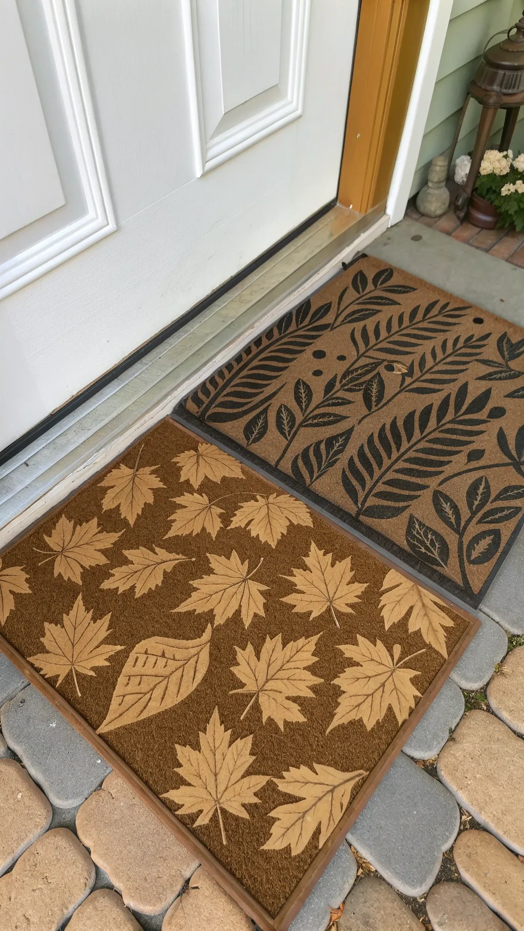 Layered autumn doormat with leaf pattern placed over a jute rug at a wooden doorstep surrounded by fall leaves.