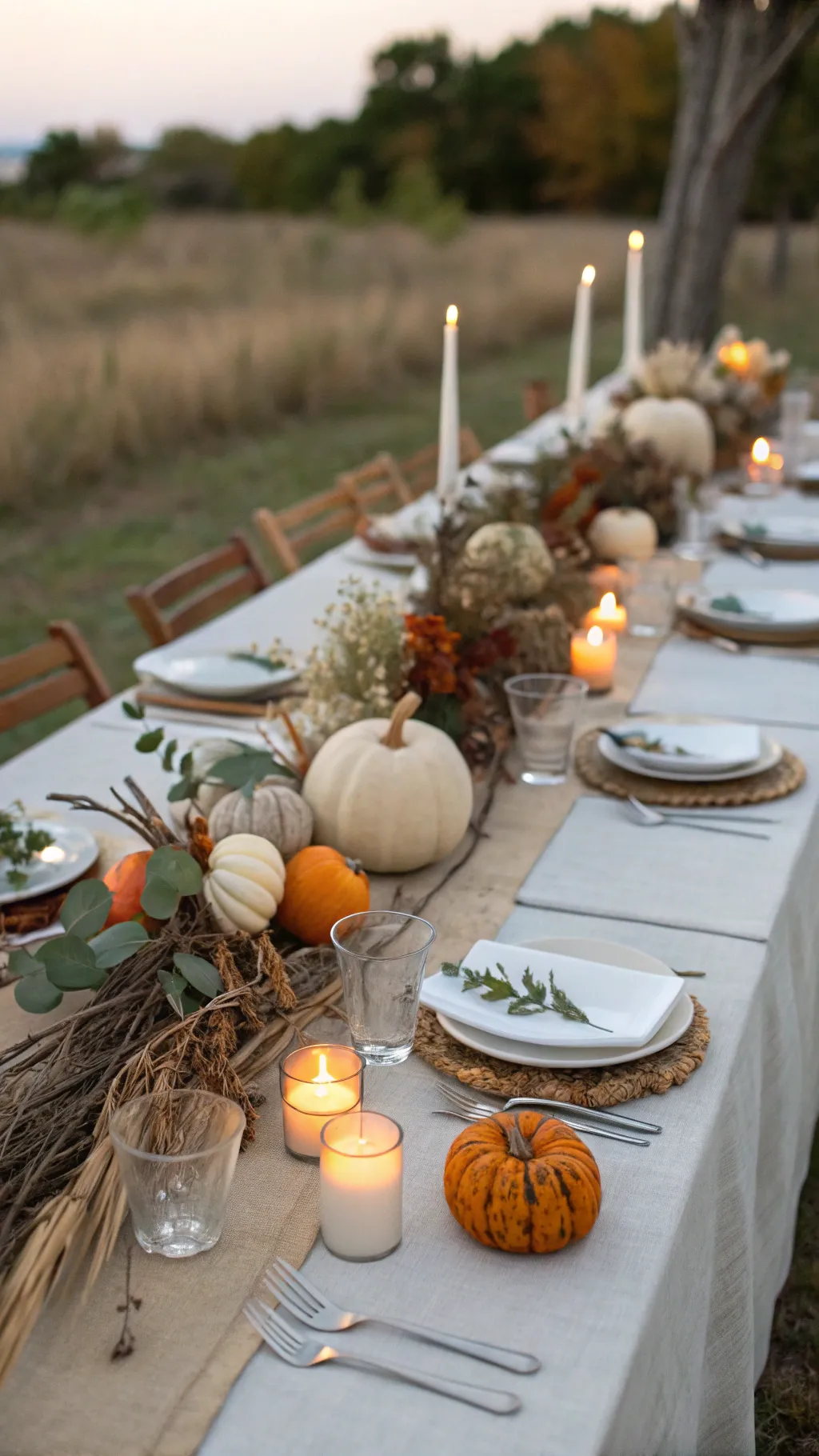 Outdoor Thanksgiving table set with linen runner, candles, mini gourds, and dried branches in warm evening light.
