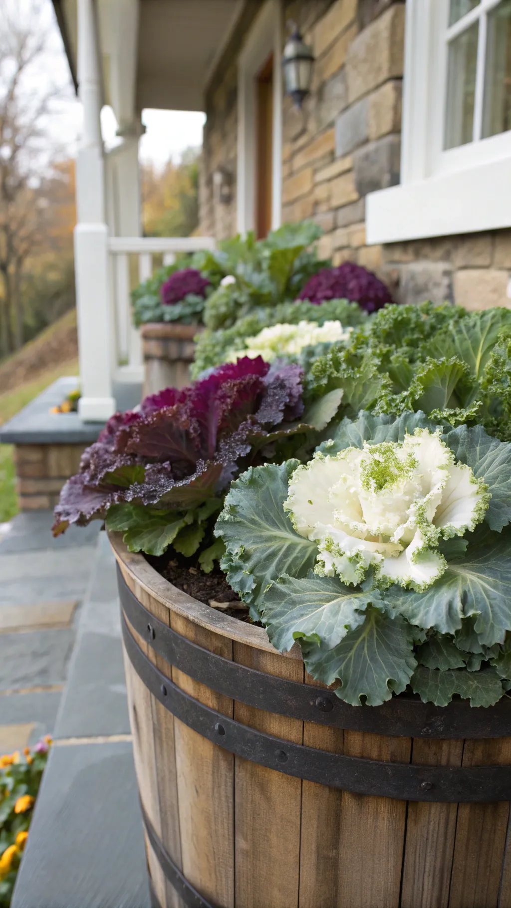Wooden barrel planter filled with vibrant ornamental kale and cabbage beside a stone porch.