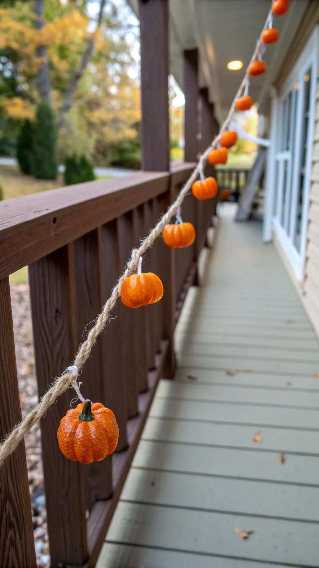Twine garland with miniature pumpkins tied along a rustic wooden porch ledge in soft afternoon light.