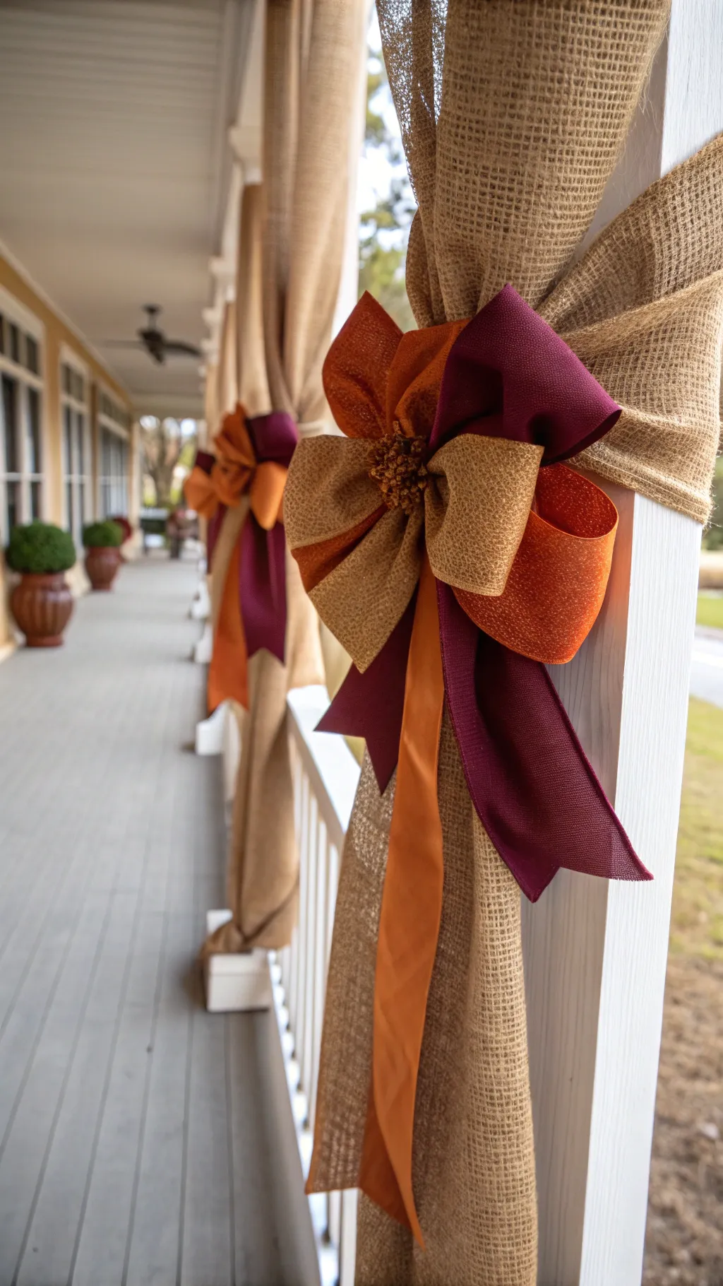 Porch columns wrapped in burlap ribbon tied with deep burgundy and burnt orange bows illuminated by warm sunlight.