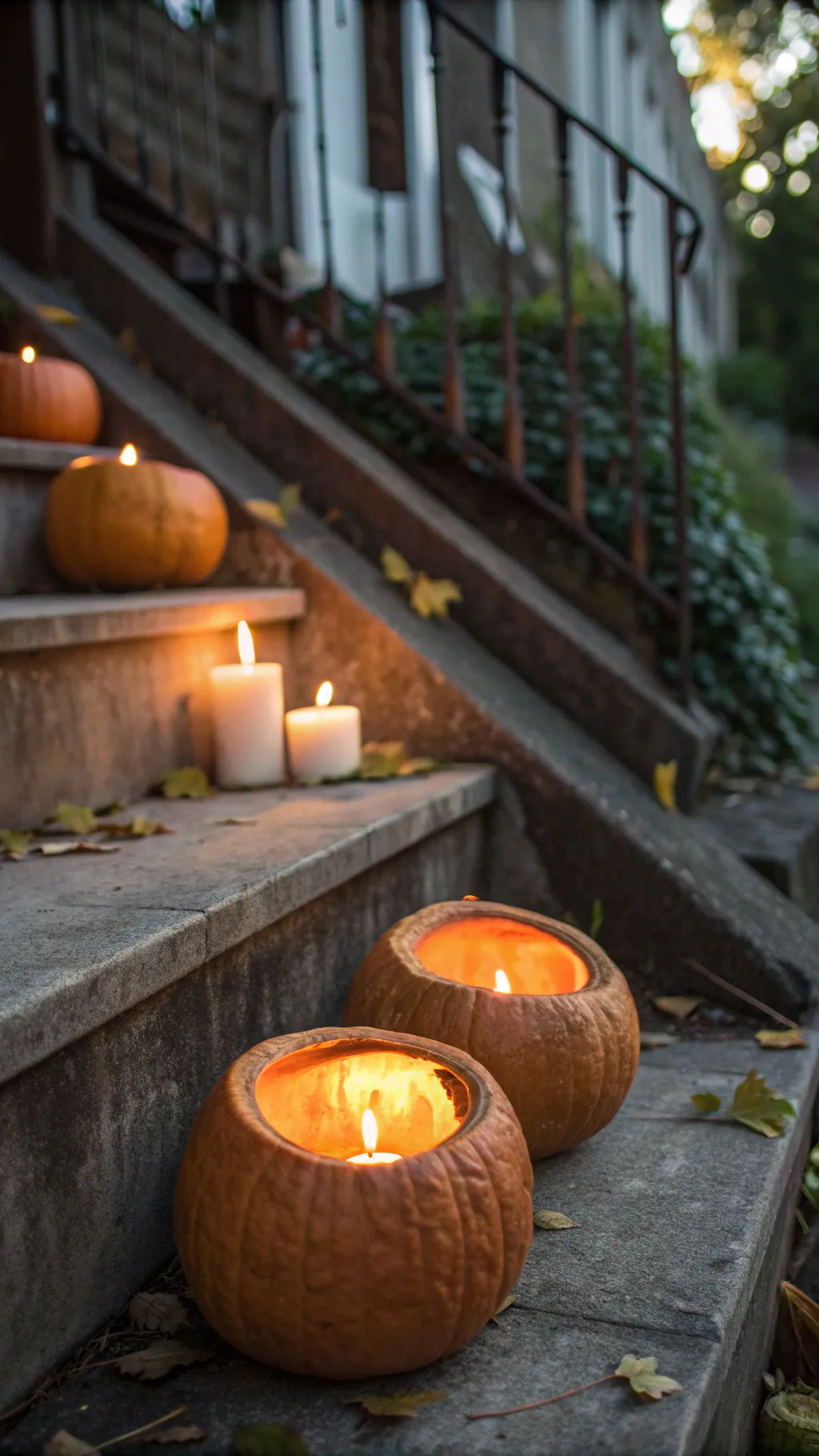 Handmade gourd candle holders glowing warmly along an outdoor wooden staircase at dusk.
