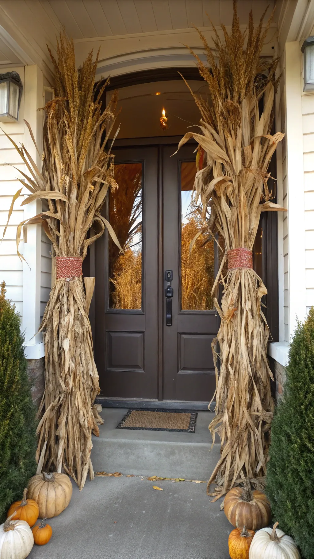 Tall cornstalk bundles tied with twine framing a rustic wooden doorway decorated for Thanksgiving.