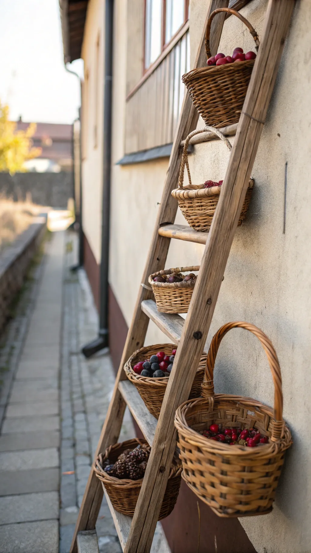 Old wooden ladder leaning on a porch wall with baskets of pinecones and berries hanging from the rungs.
