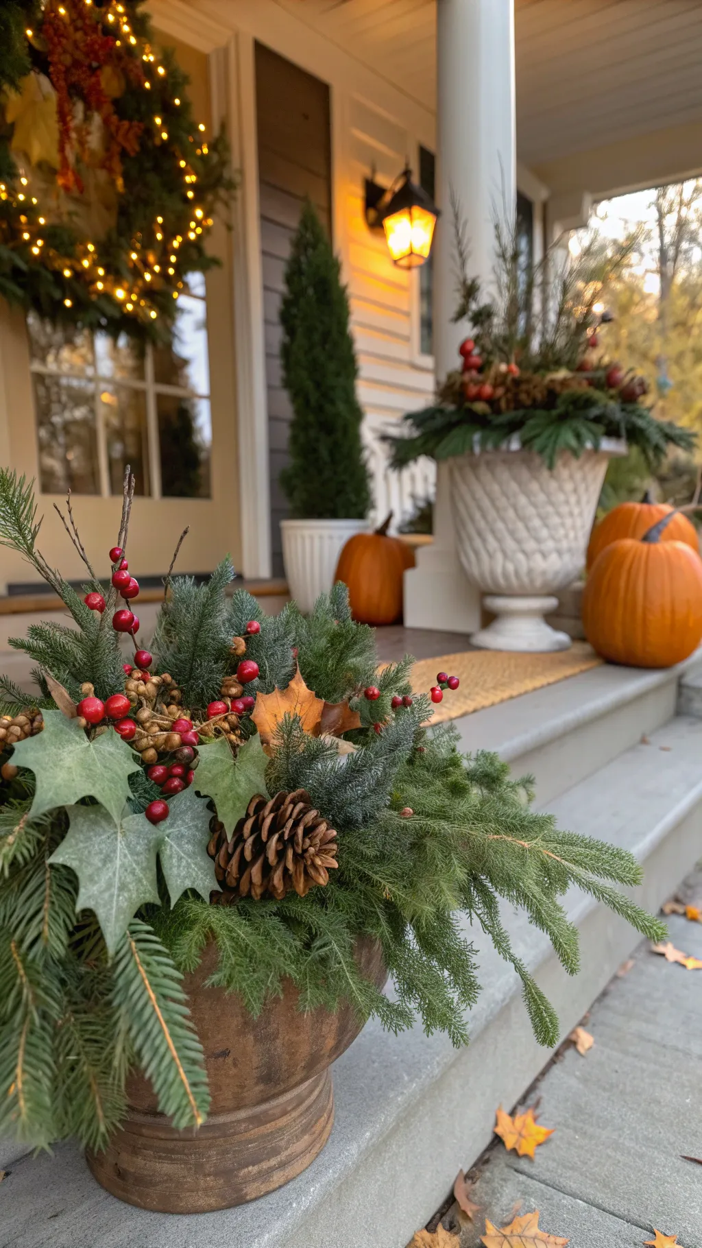 Porch display combining evergreen branches and holly with pumpkins to transition from Thanksgiving to Christmas decor.