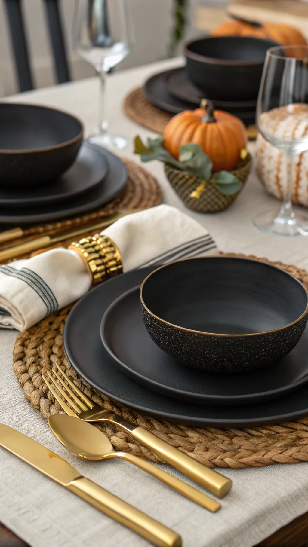 Modern Thanksgiving table with matte black plates and brass flatware on a neutral linen tablecloth.