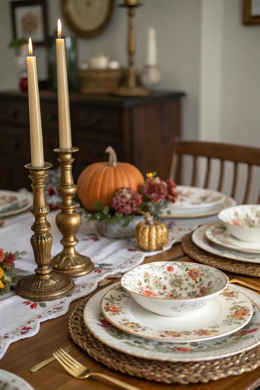Antique floral china and tall brass candleholders arranged on a warm Thanksgiving table.