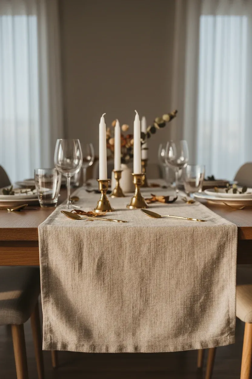 Neutral linen table runner with brass candleholders and utensils on a warm minimalist fall tablescape.
