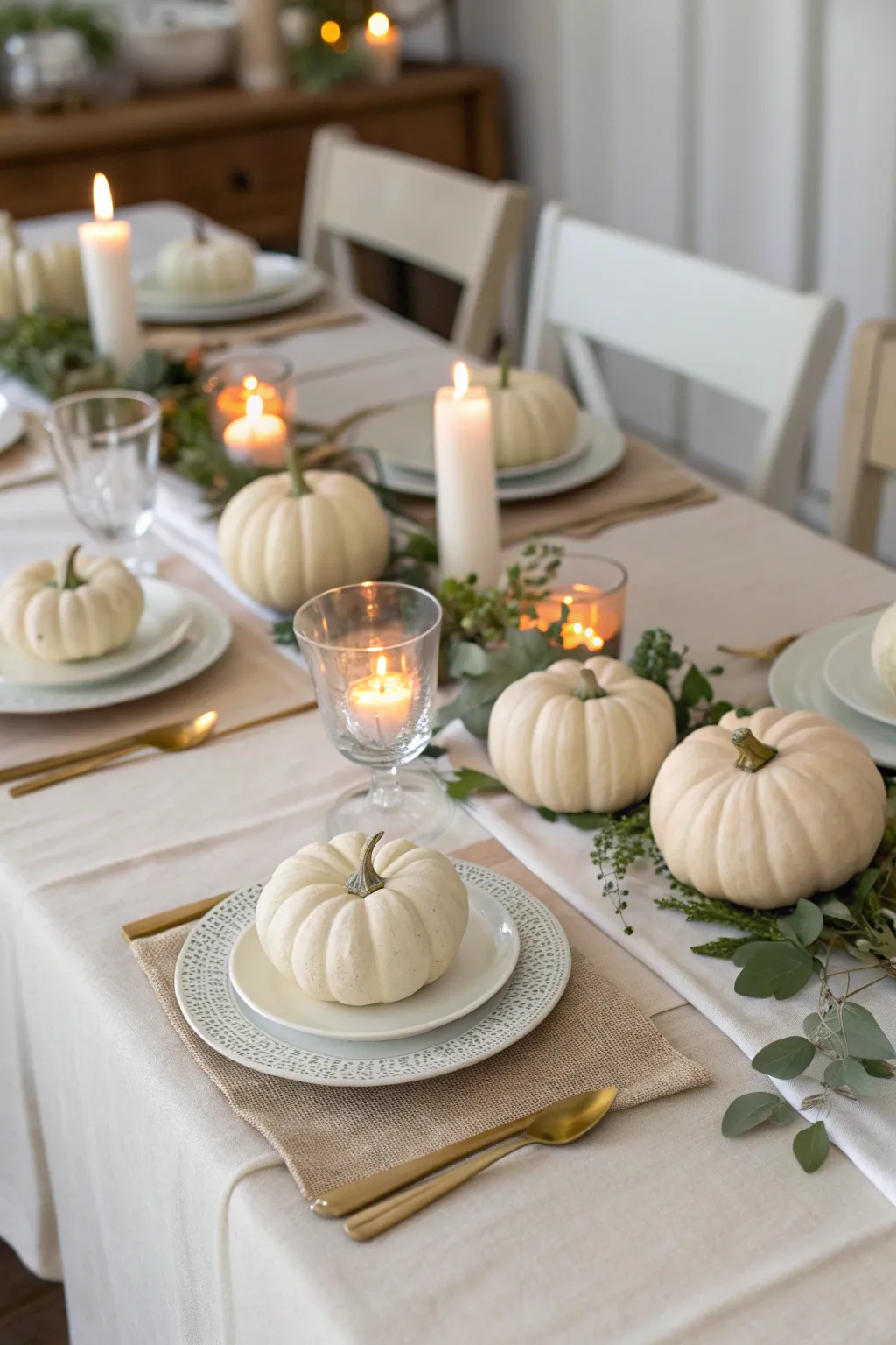 Beige linen tabletop with mini pumpkins and candles glowing warmly on a Thanksgiving table.