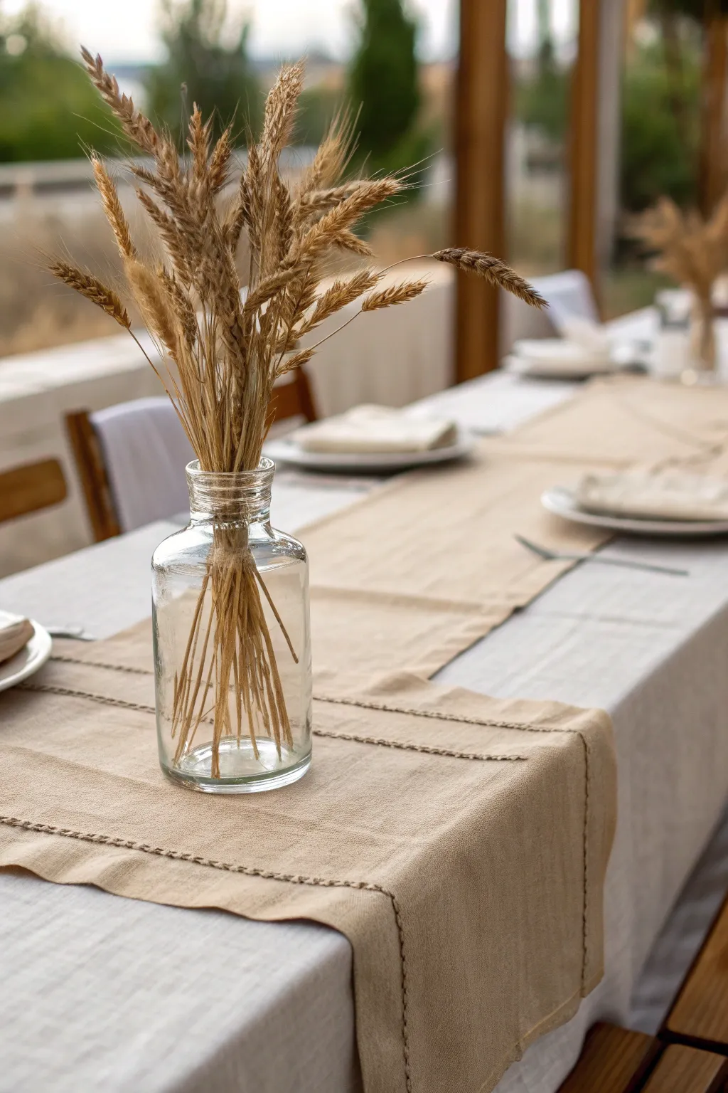Elegant Thanksgiving table with layered beige linens and a dried wheat centerpiece in a glass vase.