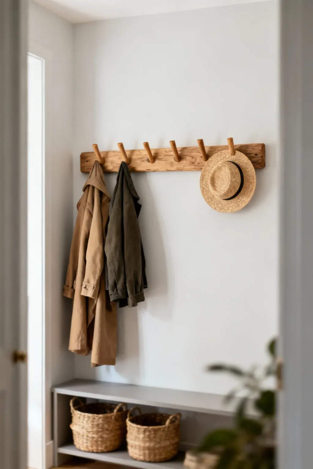 Minimalist wall-mounted wooden peg coat rack on a neutral foyer wall with natural light.