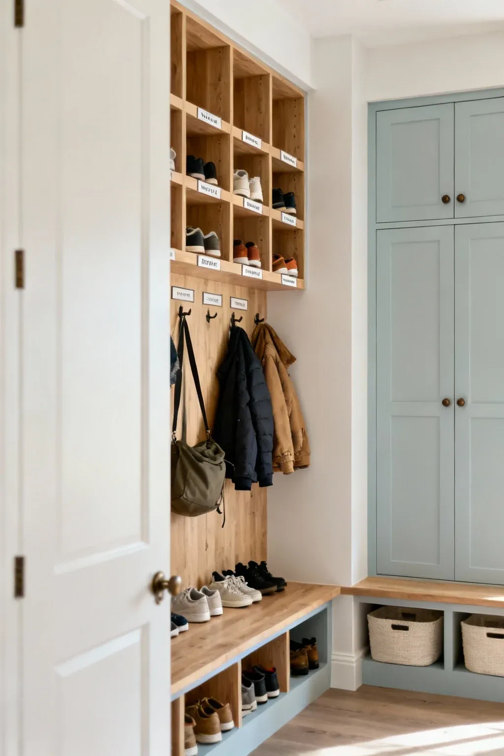 Tall built-in mudroom storage cubbies with labeled sections for each family member.
