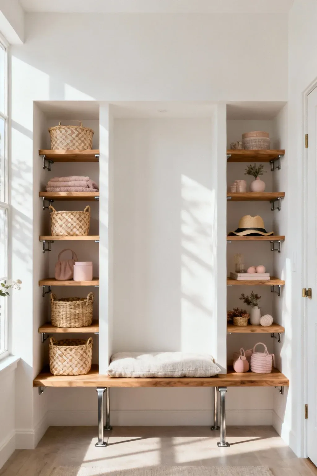 Open shelves above a cozy mudroom bench with baskets and decorative accessories.