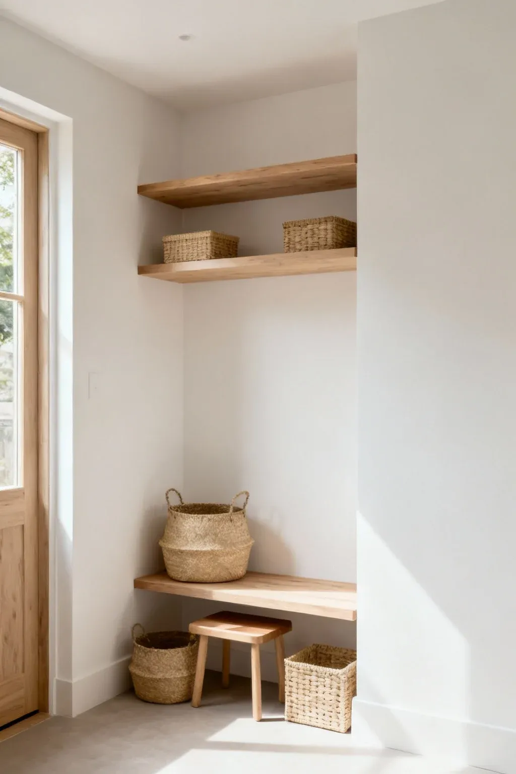 Corner mudroom setup with floating wooden shelves and baskets under soft daylight.