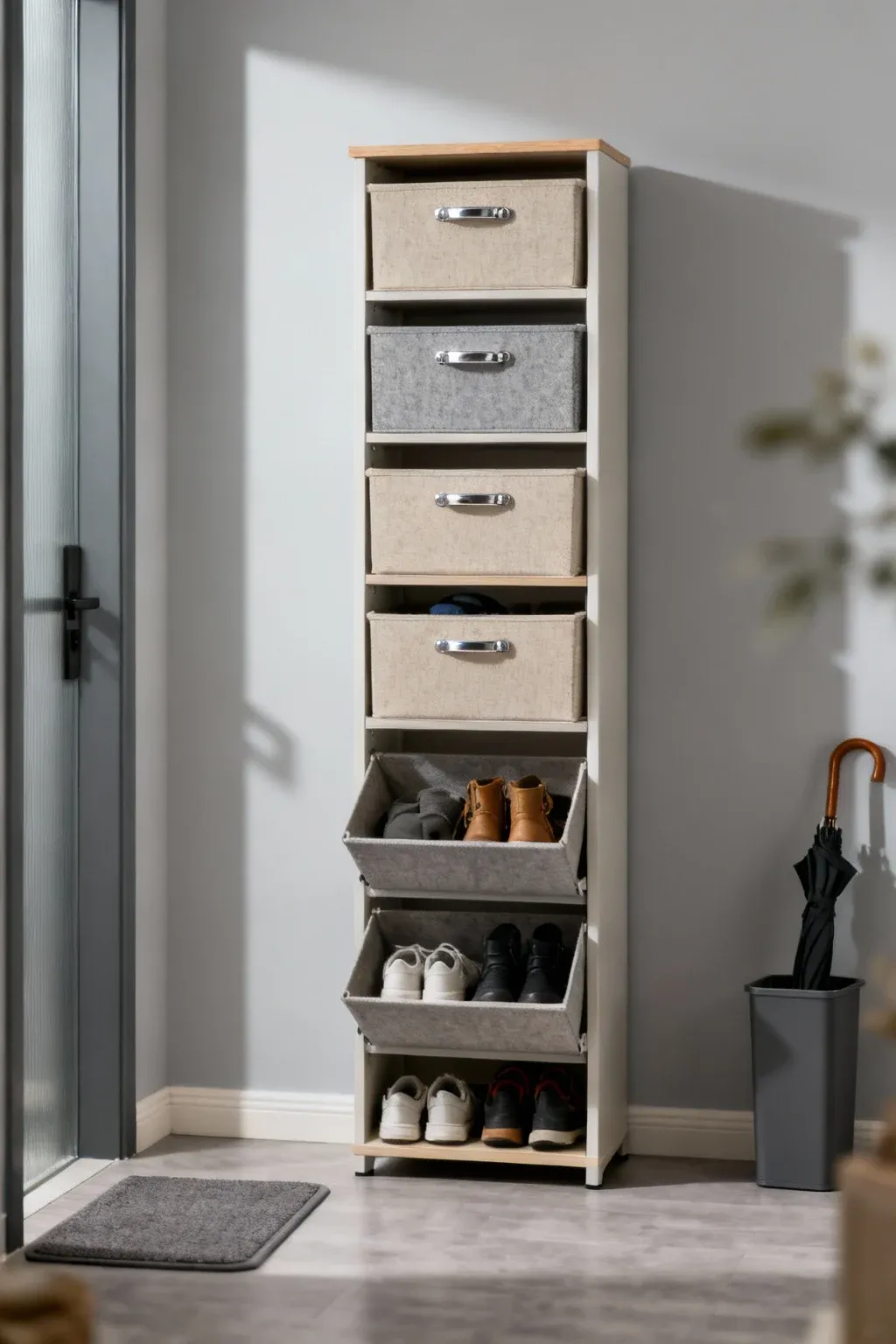 Tall freestanding storage tower with pull-out bins neatly arranged in a modern mudroom.