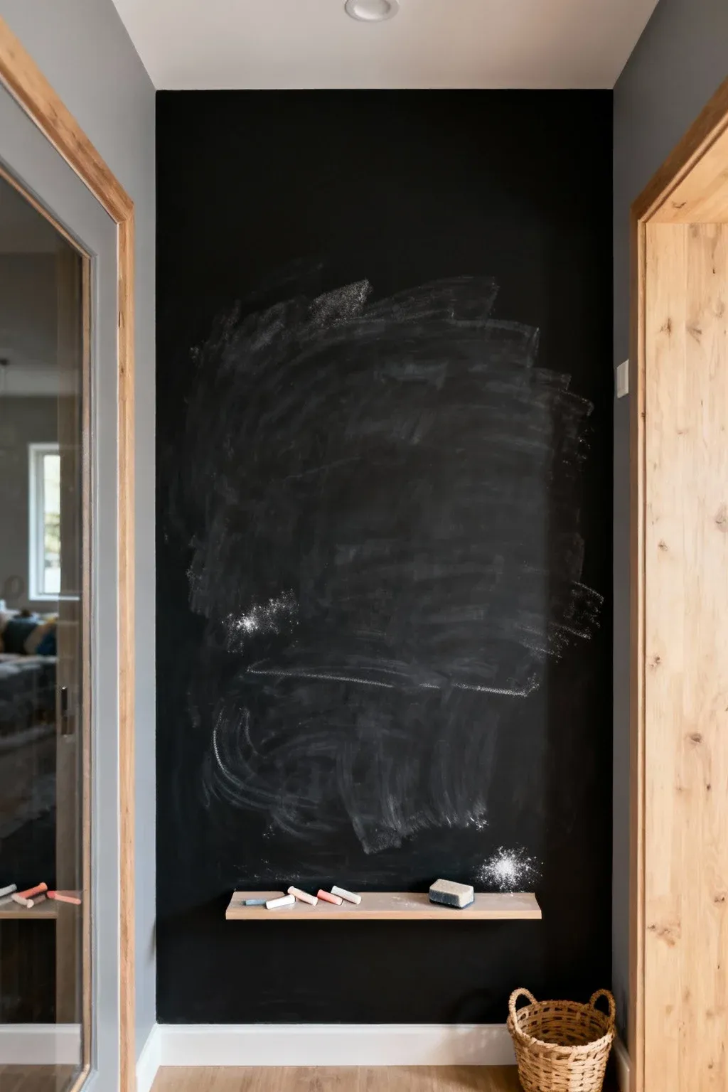 Entryway chalkboard wall with notes and shelving under soft ambient light.