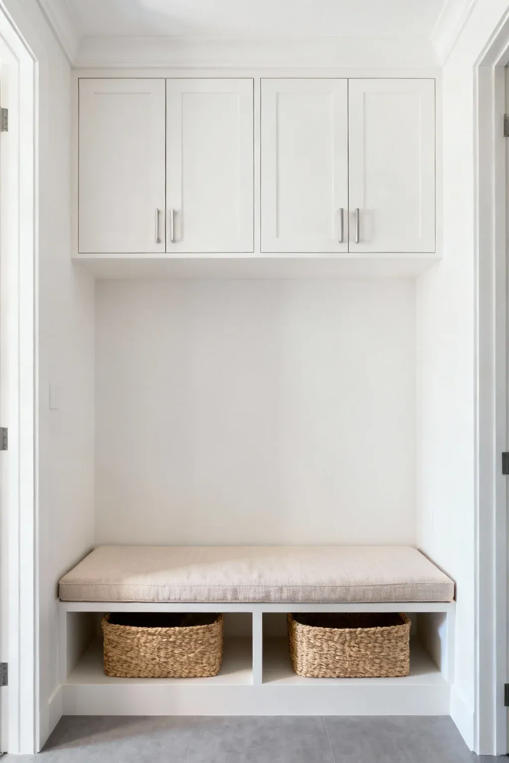 Light overhead cabinets above a cushioned mudroom bench in a clean modern alcove.