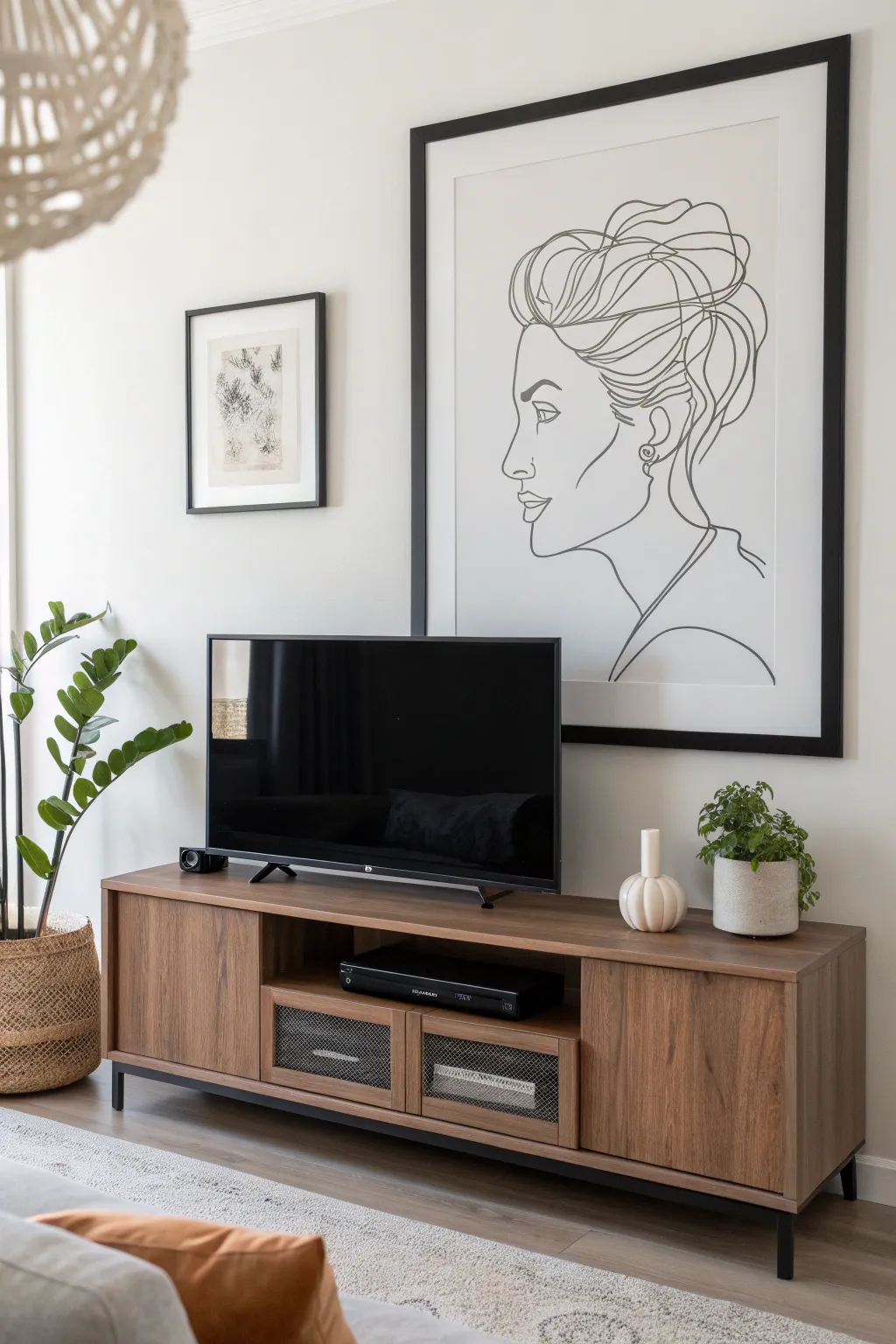 Minimalist interior featuring a single-line wall art framed in black wood above a console table with soft lighting.