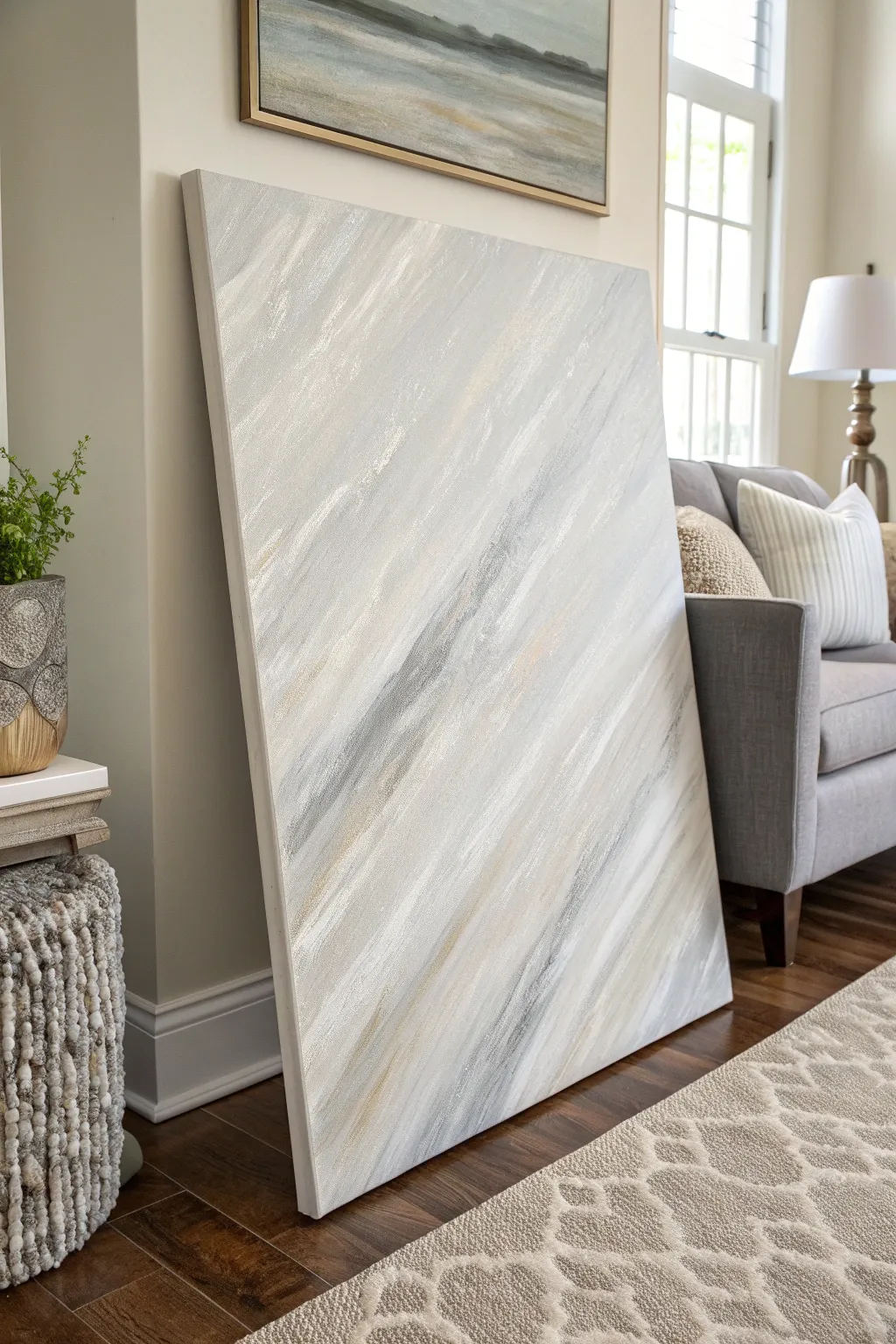 Minimalist abstract painting with soft gray and ivory brushstrokes on stretched canvas under gentle light.