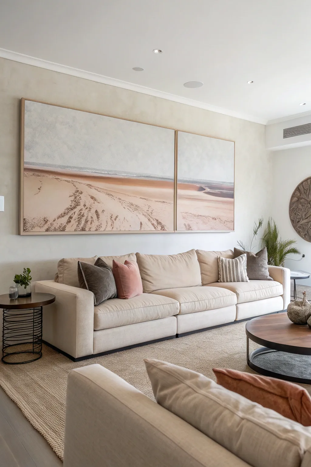 Large neutral minimalist artwork above a modern sofa in a softly sunlit living room.