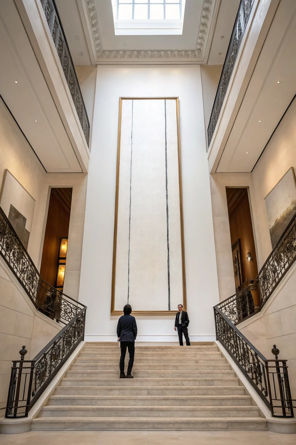 Oversized vertical minimalist art canvas in a tall entryway with warm subtle lighting.