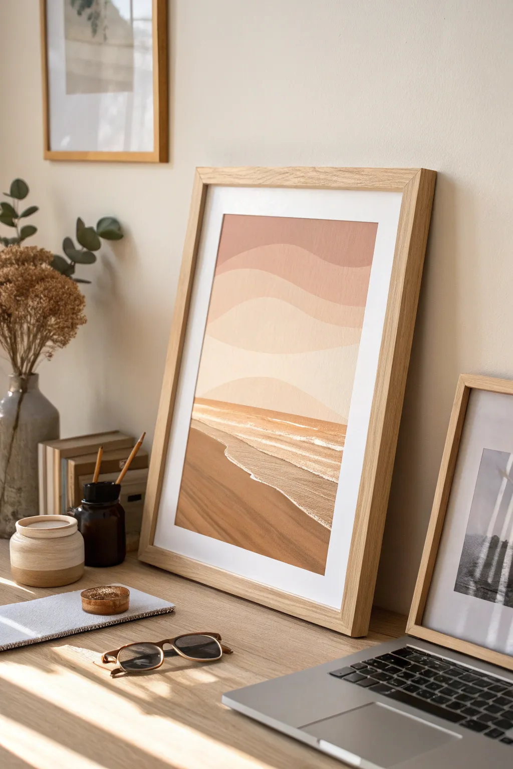 Warm beige minimalist wall art printable in a light wood frame resting on a softly lit desk.