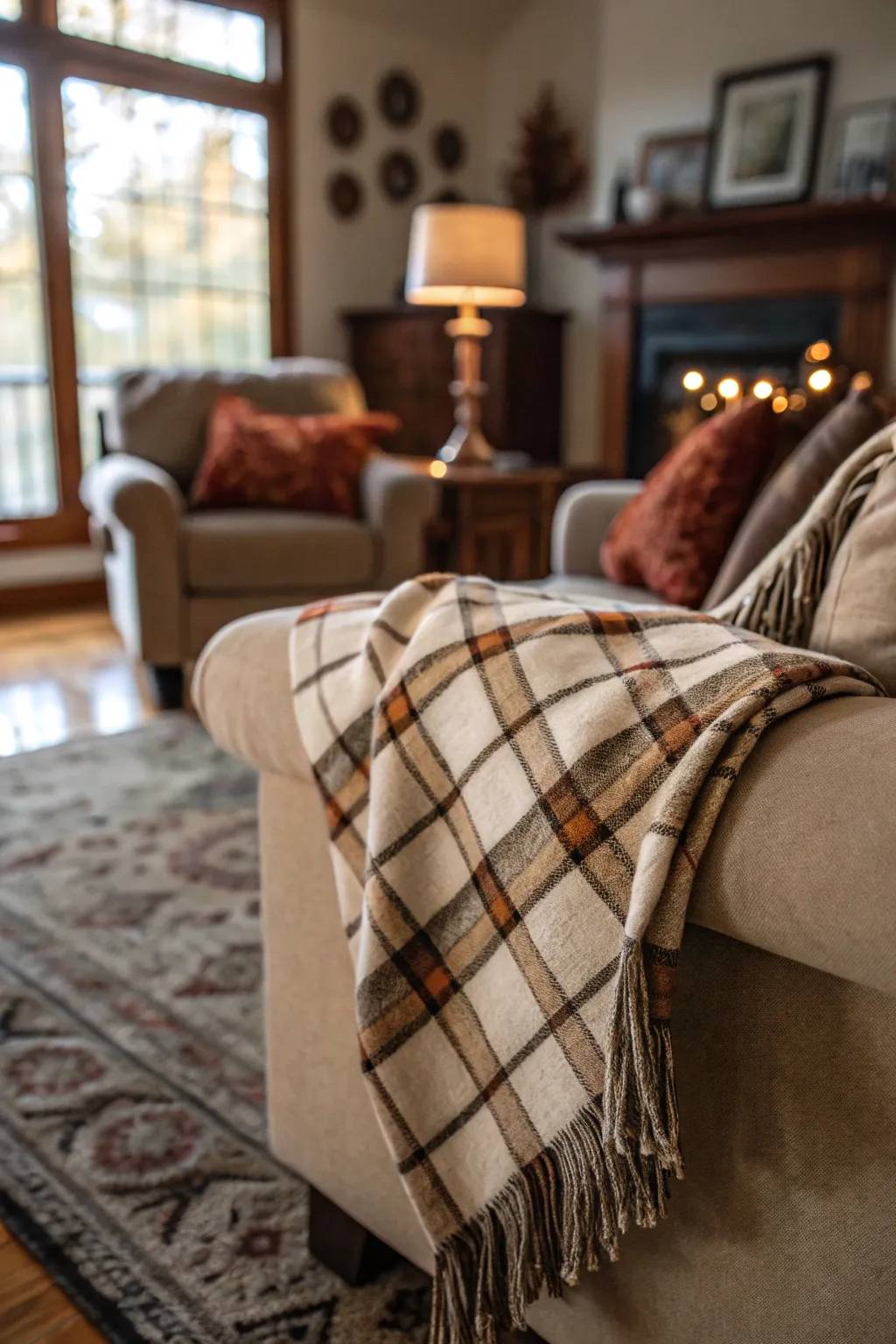 A cozy living room sofa with a rust and cream plaid throw blanket draped over the arm in warm afternoon light.