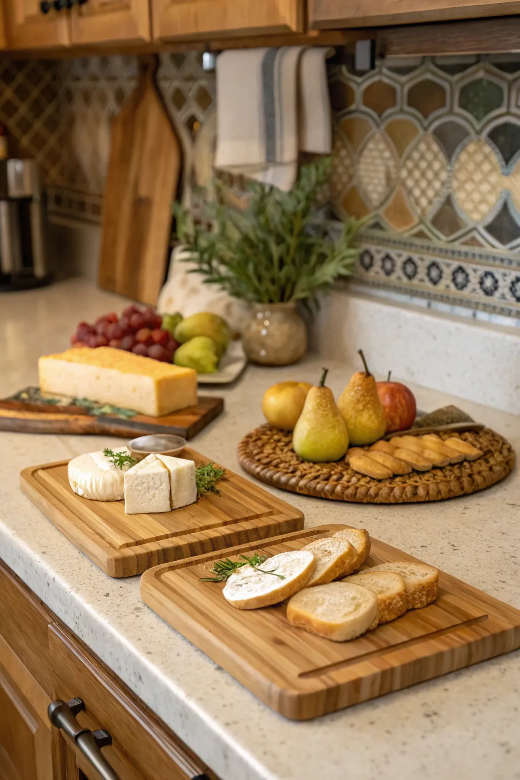 Bamboo cutting boards arranged with cheeses, bread, and pears in a cozy fall kitchen setting.