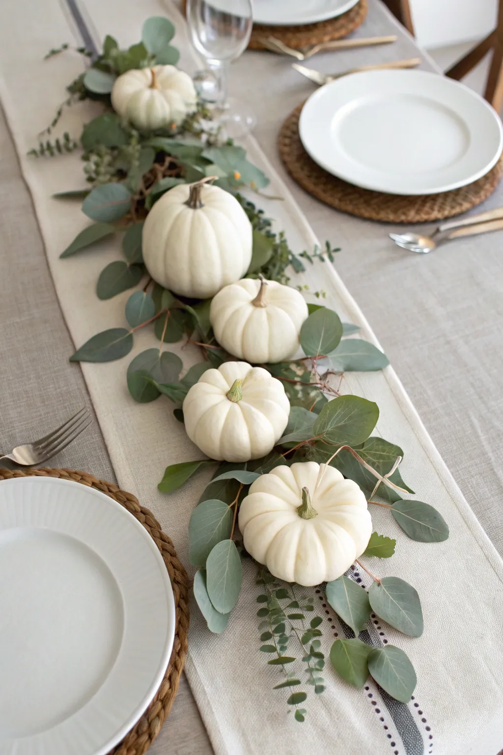 Neutral linen table runner decorated with mini pumpkins and eucalyptus for a modern fall table.