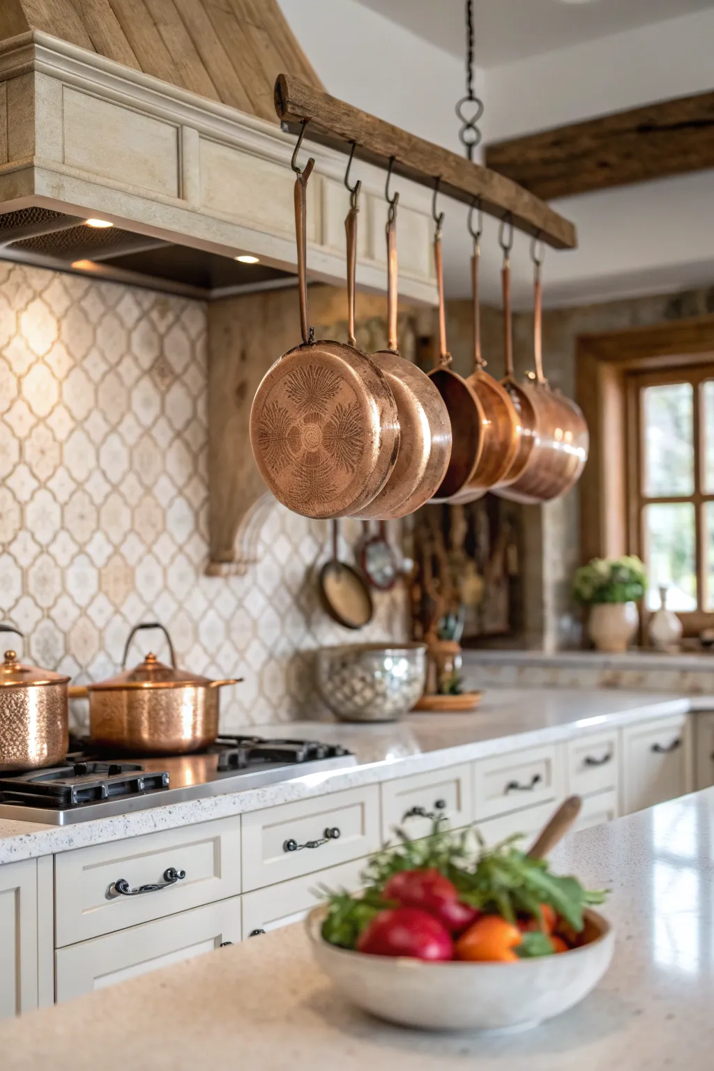 Hanging copper pots glimmer above a rustic backsplash in a warm farmhouse-style kitchen.