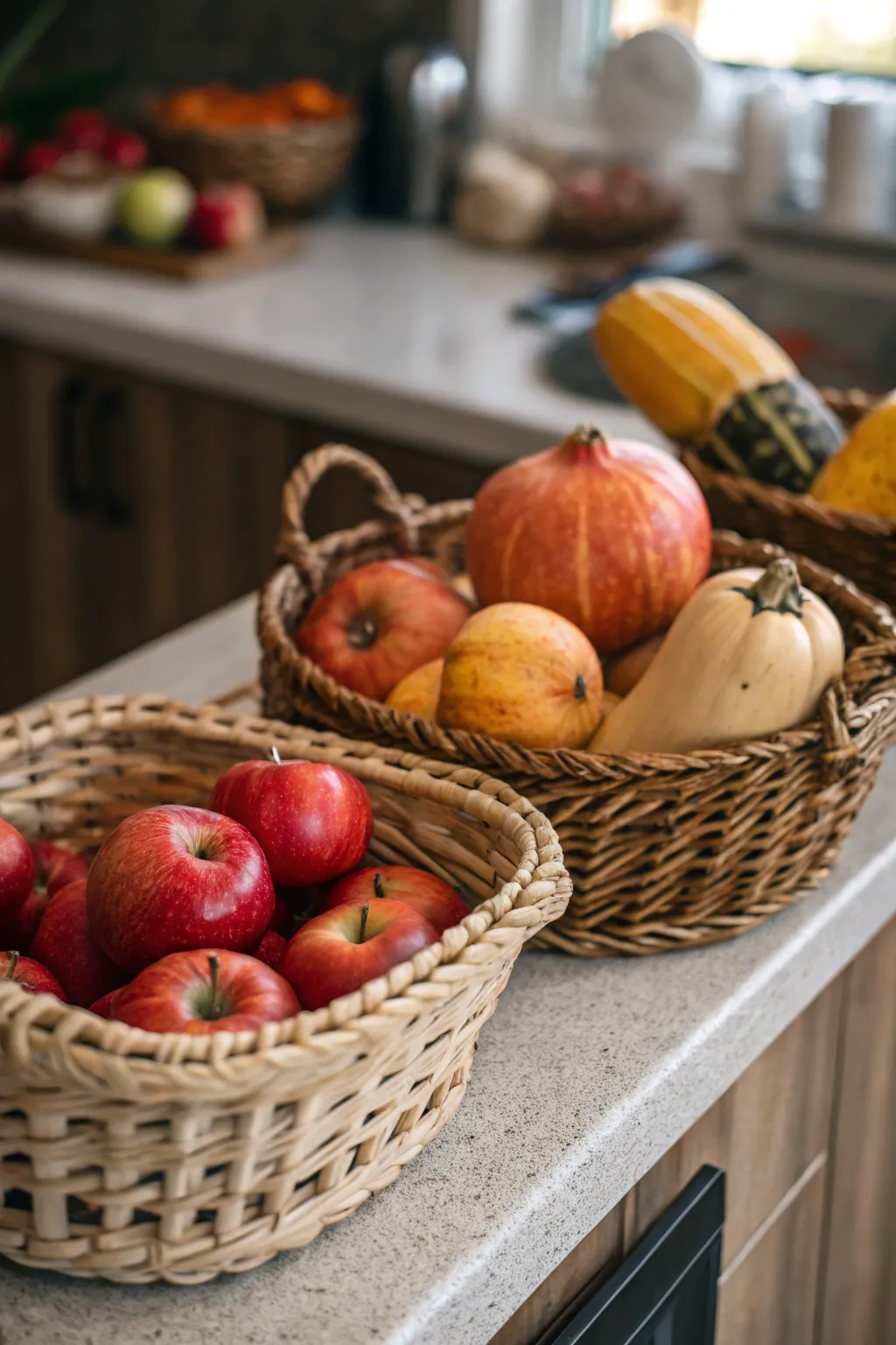 Woven baskets filled with apples, squash, and pomegranates on a rustic kitchen counter.