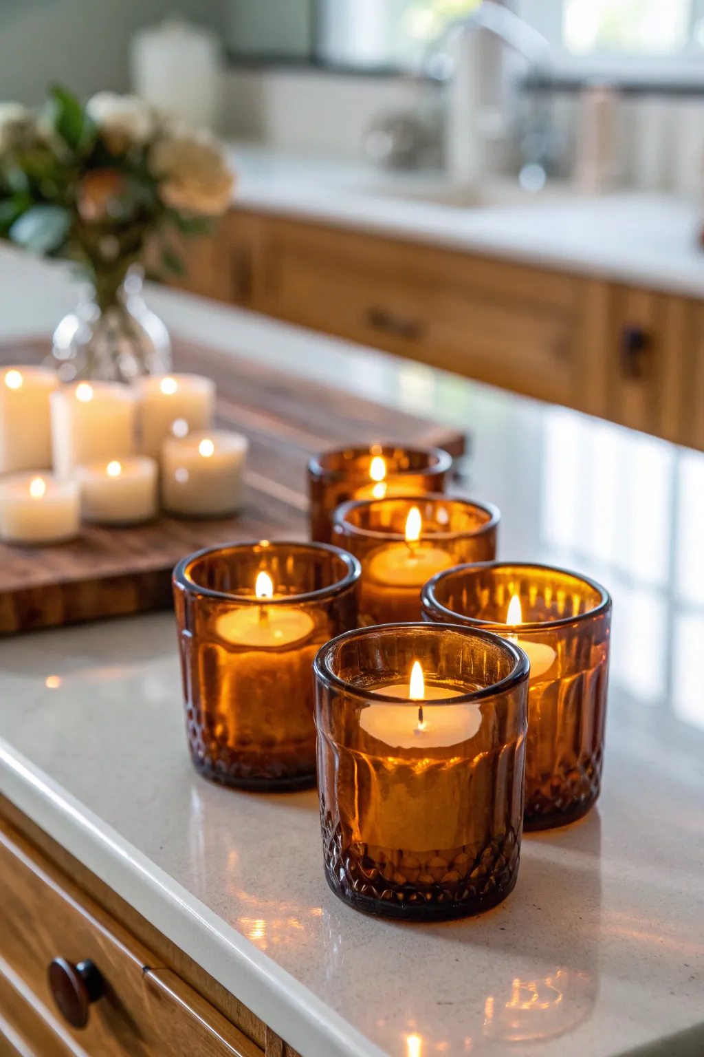 Amber glass candle holders glowing warmly on a kitchen island with soft reflections.