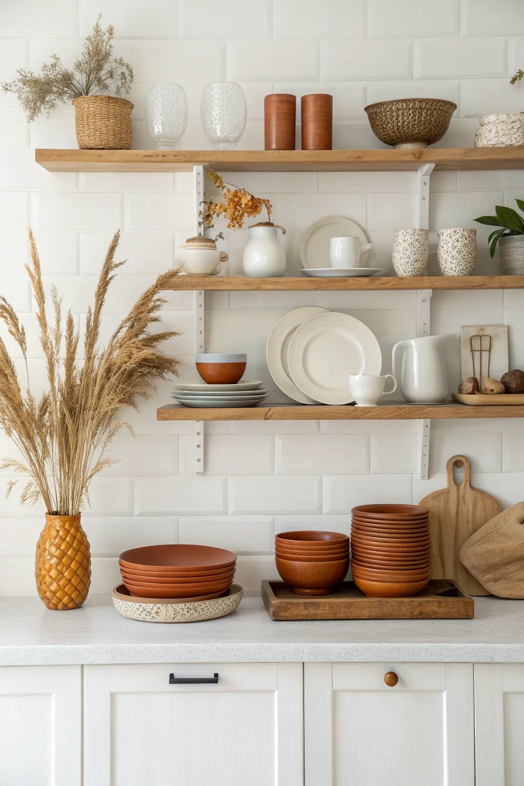 Open kitchen shelves styled with terracotta and ivory ceramics accented by dried grasses.