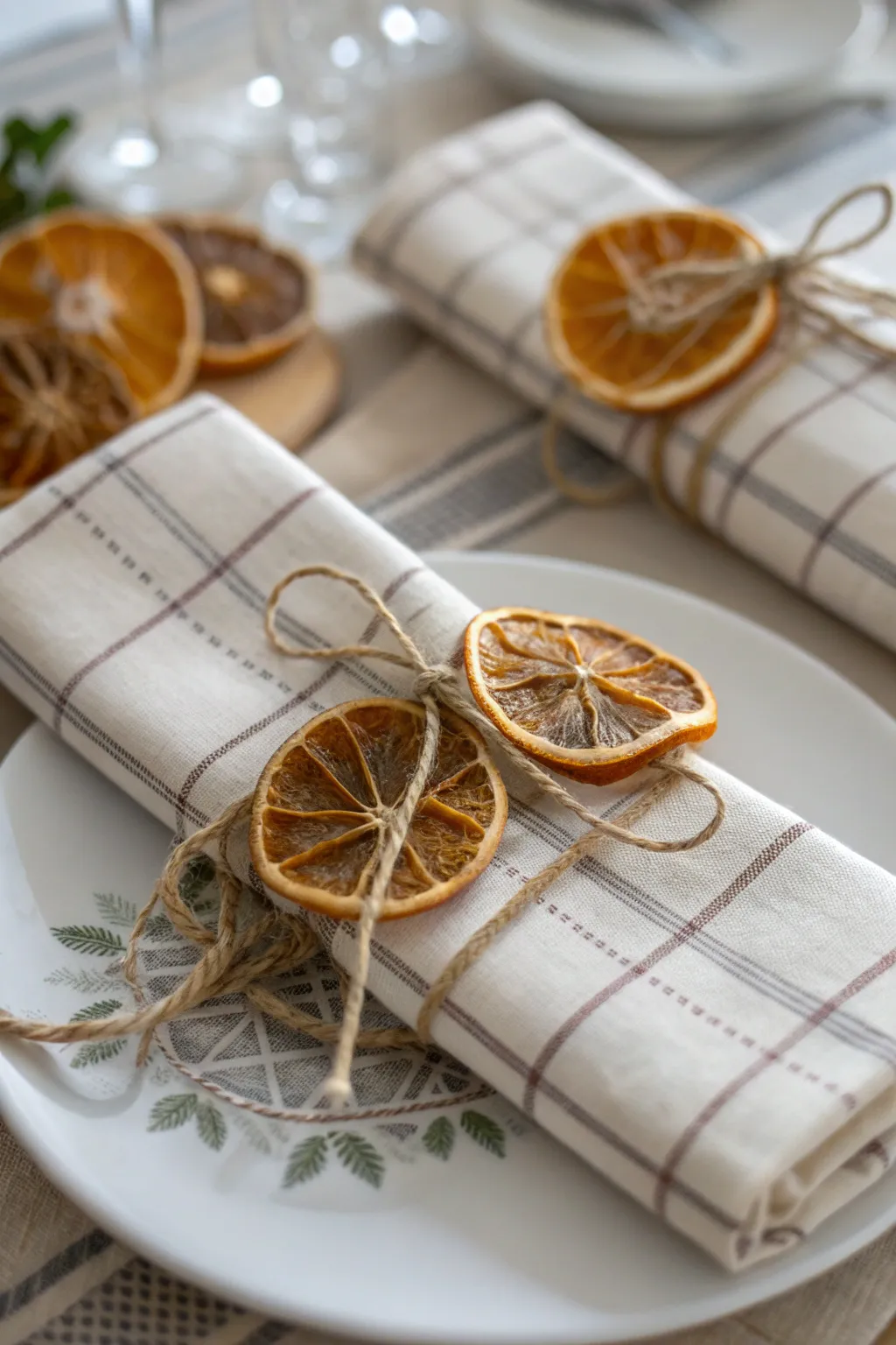 Plaid napkins tied with twine and decorated with dried orange slices on a rustic autumn table.