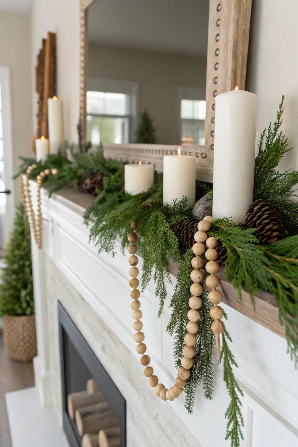 Mantle styled with greenery, wooden bead garlands, and candles linking kitchen and living decor.