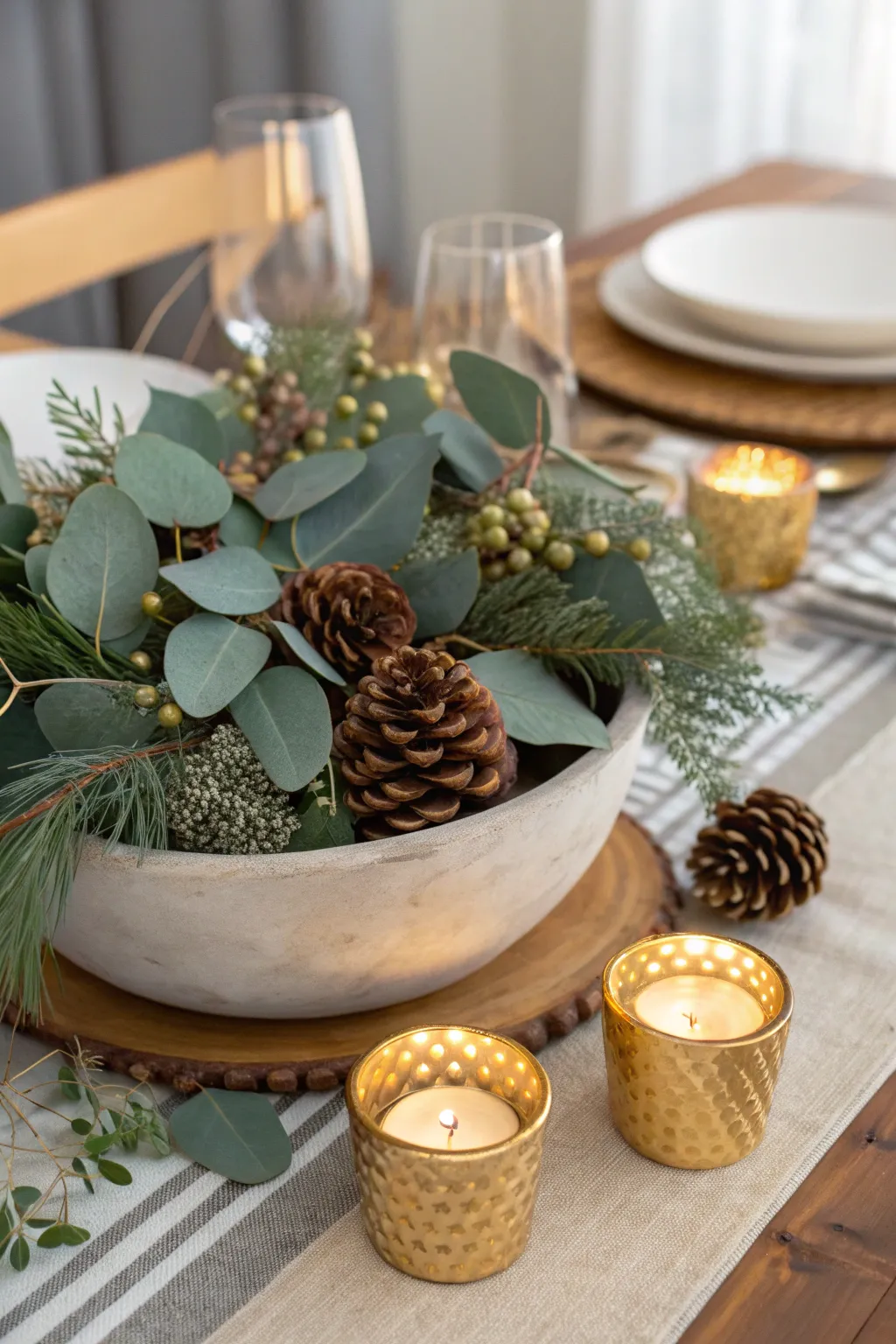 Modern Thanksgiving centerpiece with eucalyptus, pinecones, and gold votives in a ceramic bowl.