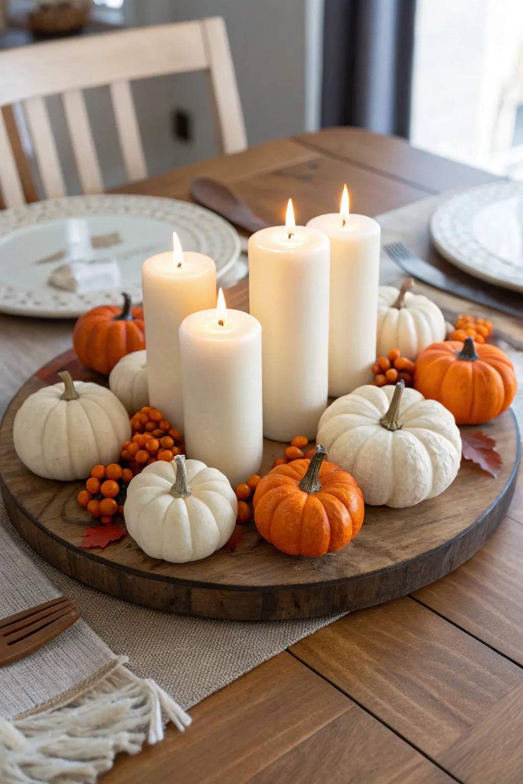 Warm candle cluster surrounded by small pumpkins on a round wooden Thanksgiving table.