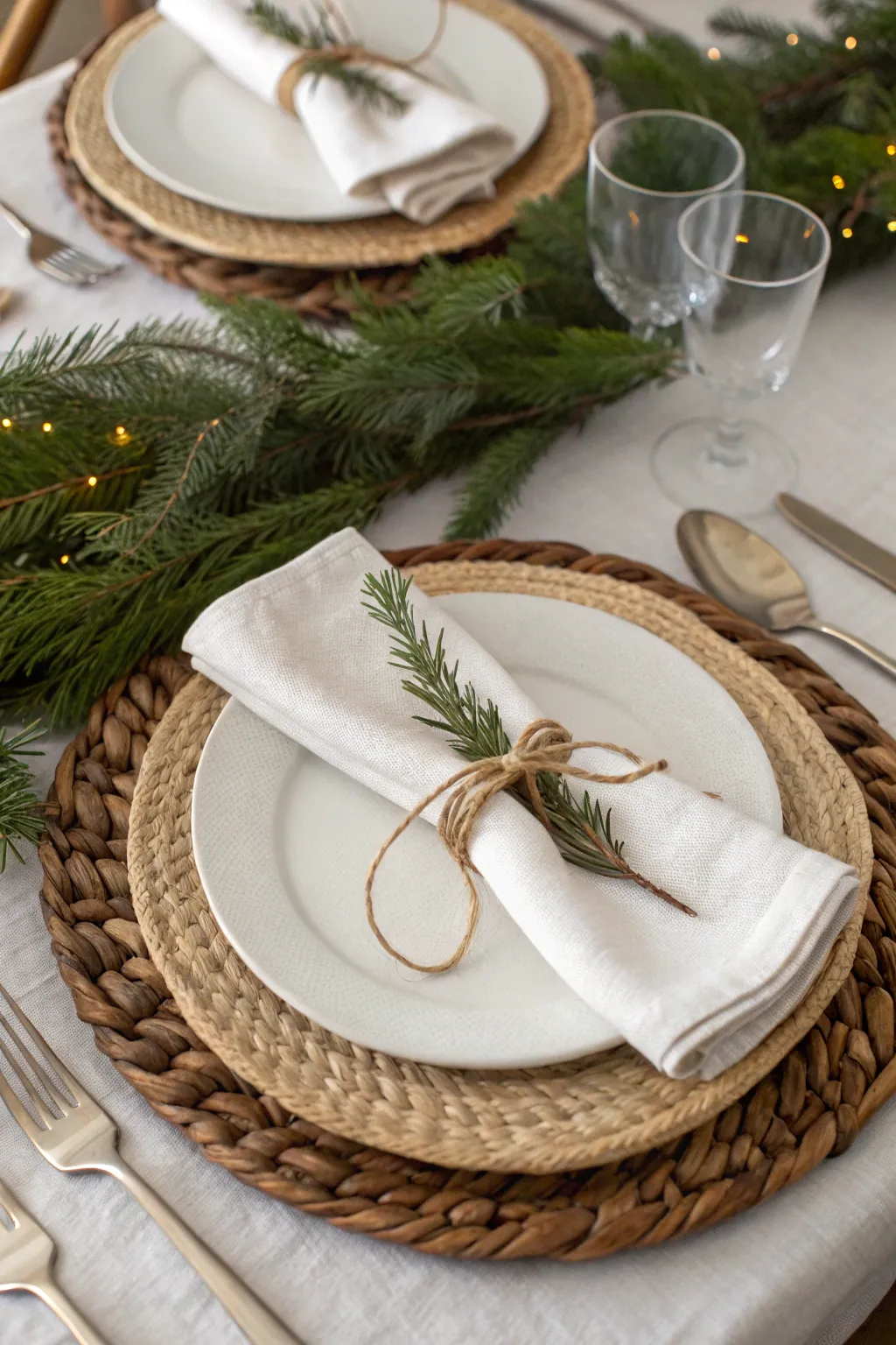 Rustic woven charger with linen napkin tied in twine on a holiday dining table.