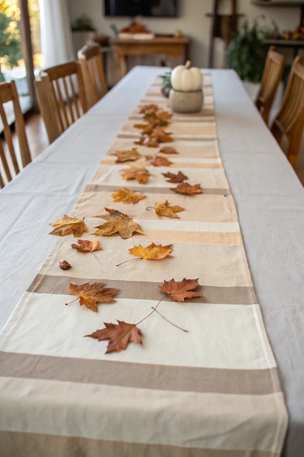 Neutral layered table runner with scattered autumn leaves on an elegant dining table.