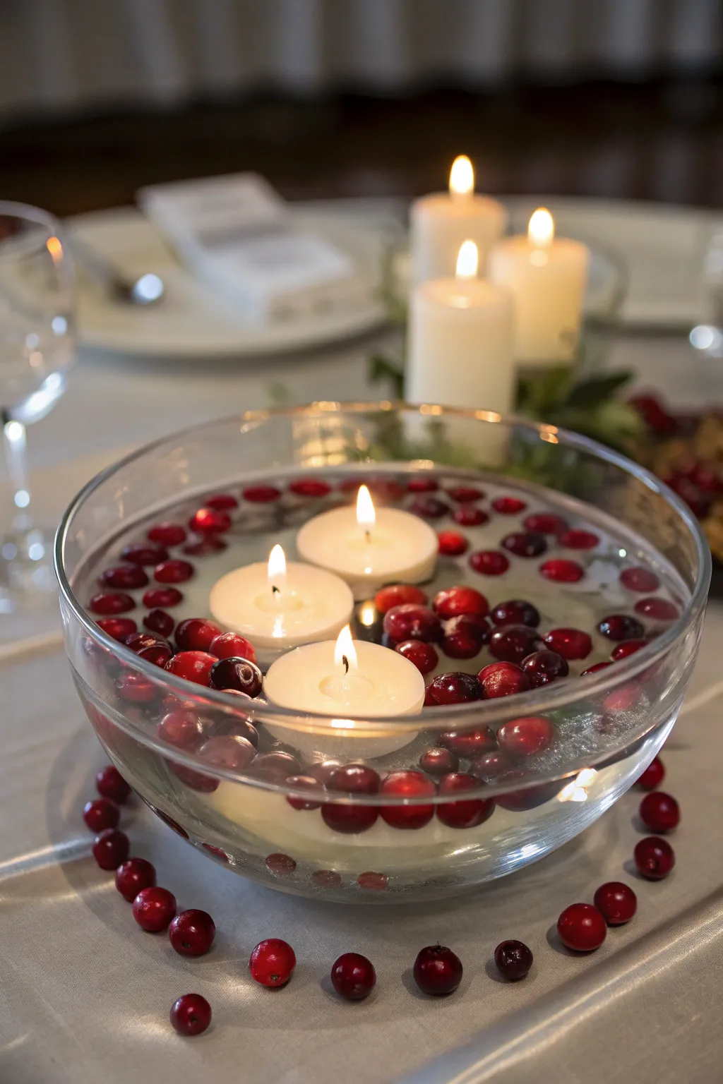 Floating candle bowl centerpiece with cranberries glowing softly on a round table.