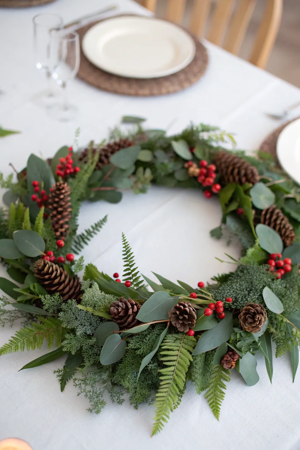 Circular greenery garland with pinecones and berries arranged as a table centerpiece.