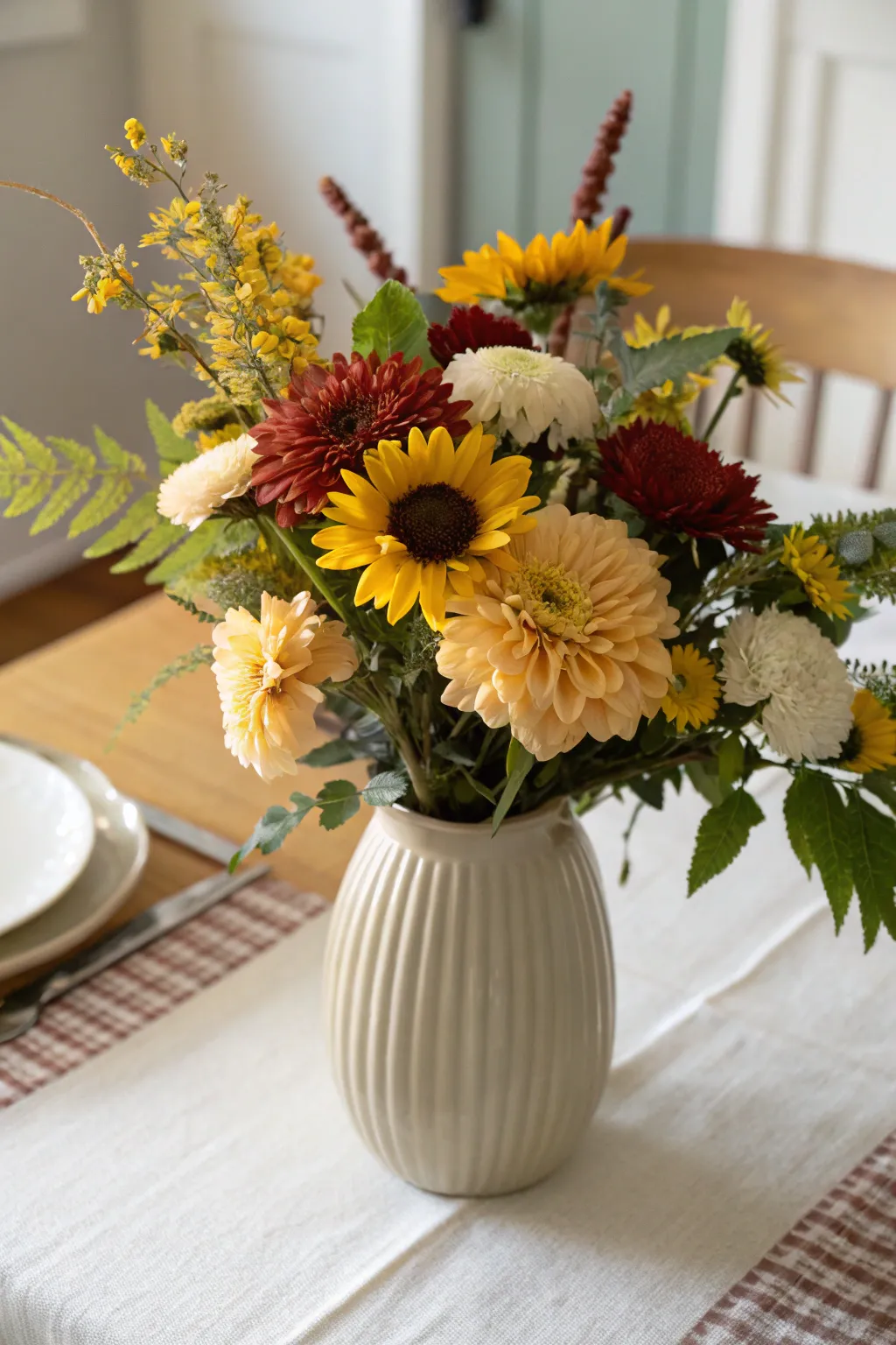 Simple ceramic vase with autumn flowers as a Thanksgiving table centerpiece.