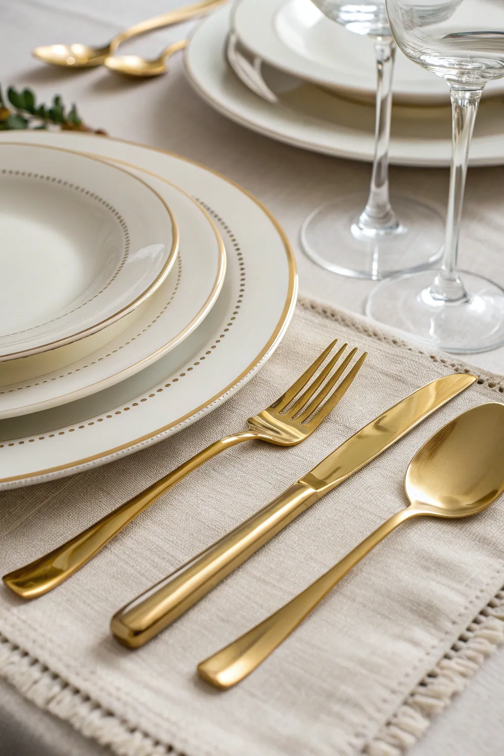 Elegant gold flatware arranged beside ivory plates on a softly lit Thanksgiving table.