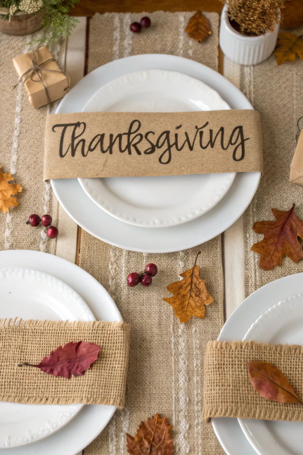 Burlap napkin accents with hand-labeled place cards on Thanksgiving dinner plates.