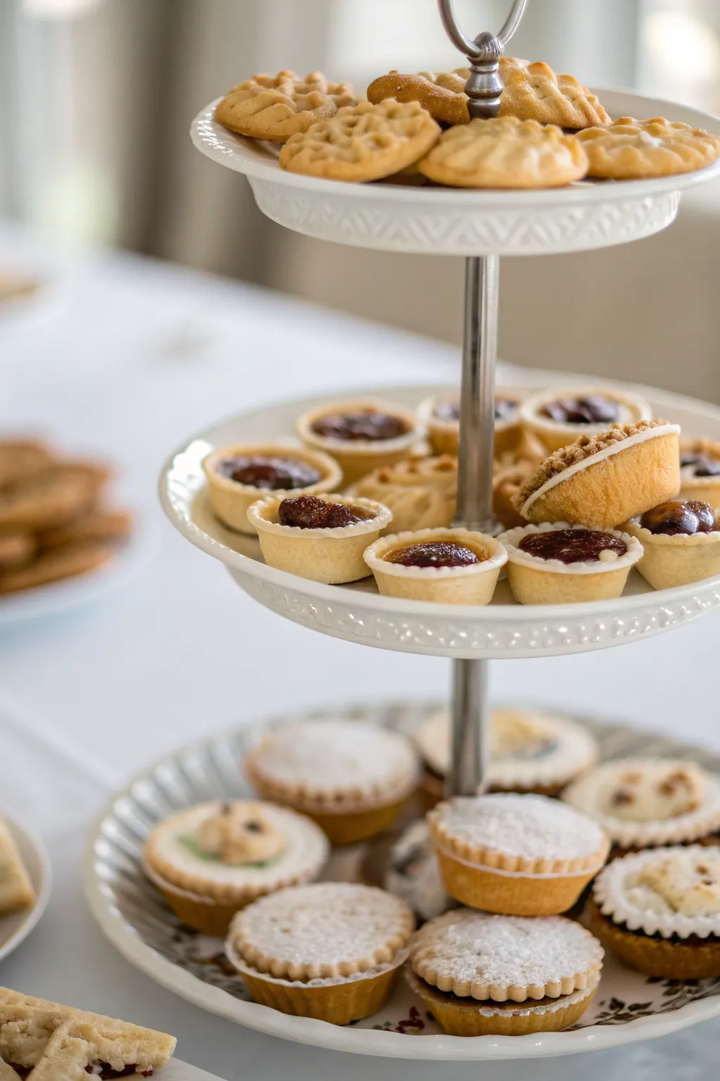 Mini tiered dessert stand with pies and cookies serving as Thanksgiving table decor.
