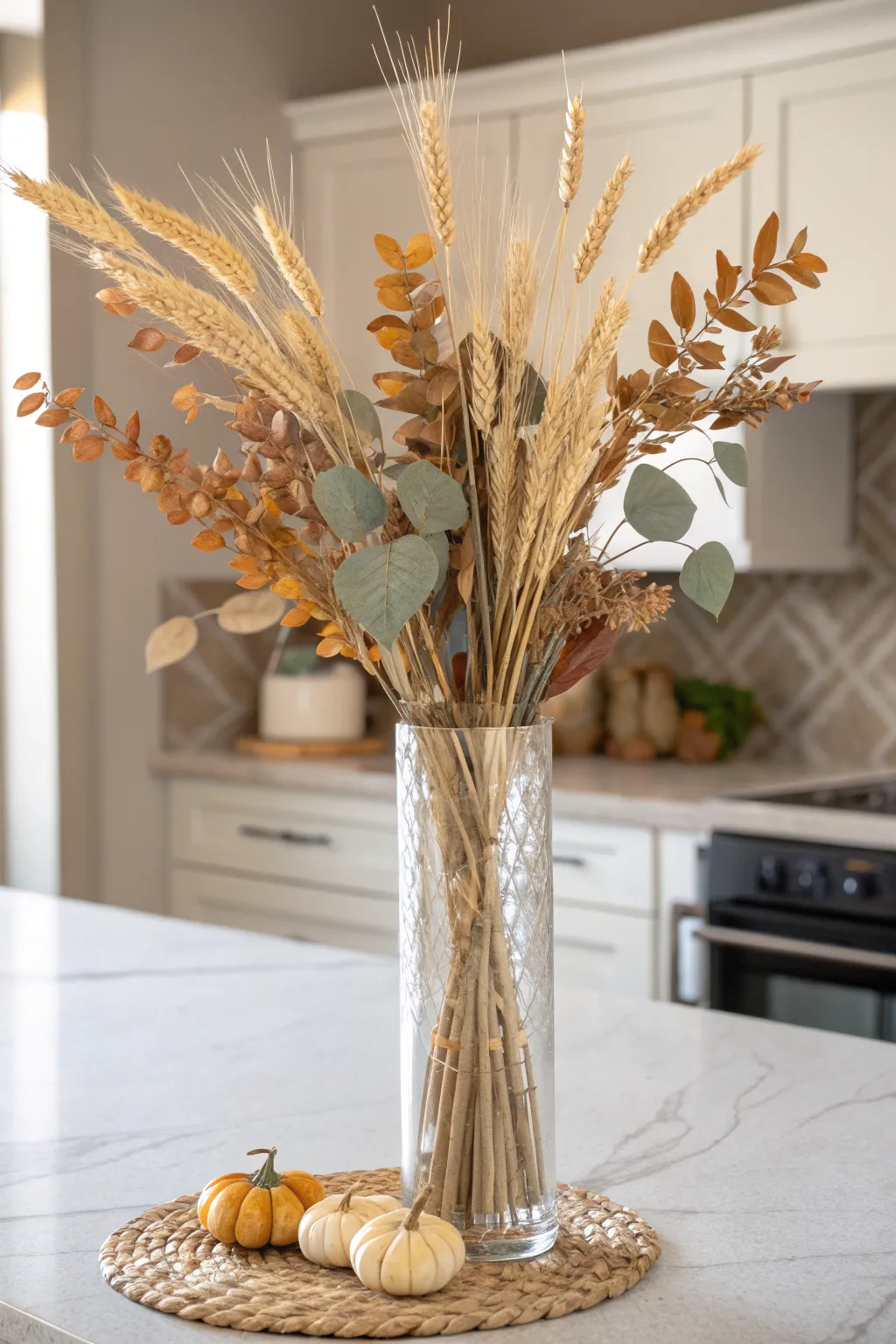 Elegant fall decor with glass vase holding dried wheat and golden eucalyptus on a kitchen island